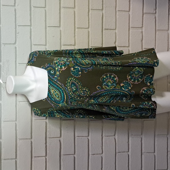 Susan Graver Olive Green/Teal Paisley 3/4 Sleeve Tunin Top. Size Medium - Picture 9 of 9